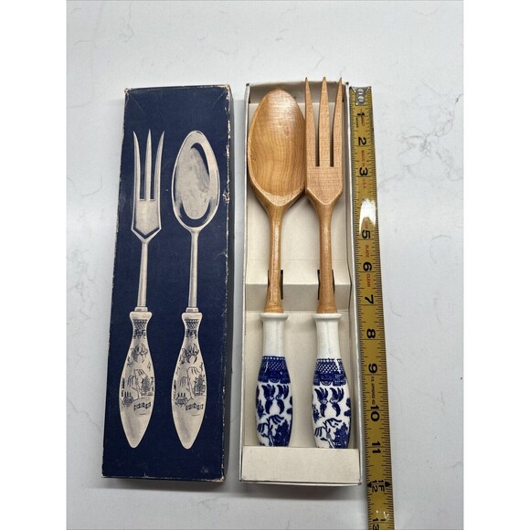 Vintage  Serving Fork/Spoon DELFT STYLE ceramic Blue White Party Host Gift - Picture 9 of 9